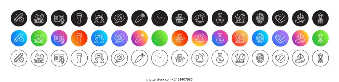 Beer glass, Loan and Winner podium line icons. Round icon gradient buttons. Pack of Justice scales, Information bell, Exhaust icon. Diploma, Medical pills, Timer pictogram. Vector