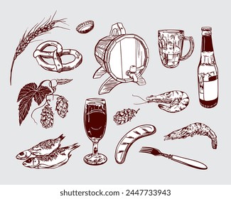 Beer glass, mug, barrel, bottle, hops, shrimp, fish, sausage, pretzel, wheat. Vintage vector illustration for web, labels, menus, festival invitation.