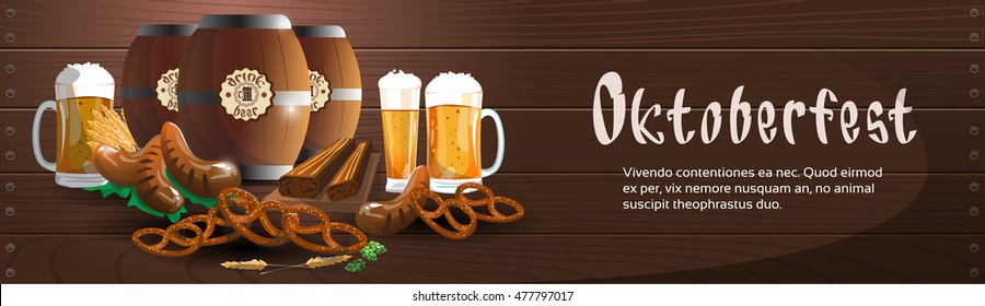 Beer Glass Mug Barrel With Sausage Pretzel Oktoberfest Festival Banner Flat Vector Illustration