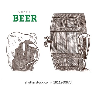 Beer glass, mug and barrel or tank from brewery factory. Craft beer vintage vector engraving illustration. Hand drawn party banner design