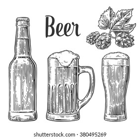 Beer glass, mug, bottle. Engraving vintage vector black illustration. Isolated on white background. Hand drawn design element for label and poster