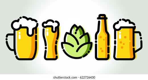 Beer glass, mug, bottle, and hop. Vector illustration for web, poster, invitation to party. Design element isolated on white background.