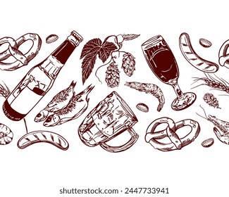 Beer glass, mug, bottle, hops, shrimp, fish, pretzel, wheat. Seamless border. Vector illustration for labels, banners, menu, festival invitation.