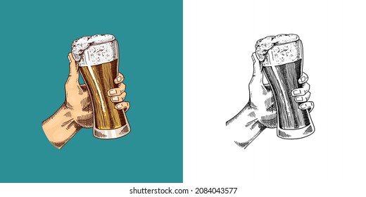 Beer glass, mug or bottle of Oktoberfest. Engraved in ink hand drawn in old sketch and vintage style for web, invitation to party or pub menu. design element isolated on white background.