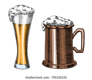 Beer glass, mug or bottle of oktoberfest. engraved in ink hand drawn in old sketch and vintage style for web, invitation to party or pub menu. design element isolated on white background.