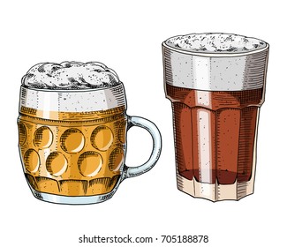 Beer glass, mug or bottle of oktoberfest. engraved in ink hand drawn in old sketch and vintage style for web, invitation to party or pub menu. design element isolated on white background.