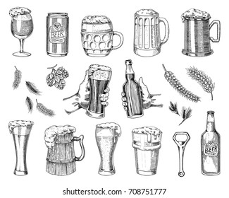 Beer glass, mug or bottle of oktoberfest. engraved in ink hand drawn in old sketch and vintage style for web, invitation to party or pub menu. design element isolated on white background.