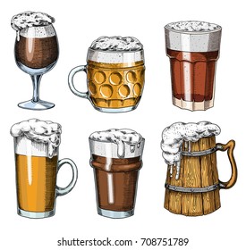 Beer glass, mug or bottle of oktoberfest. engraved in ink hand drawn in old sketch and vintage style for web, invitation to party or pub menu. design element isolated on white background.