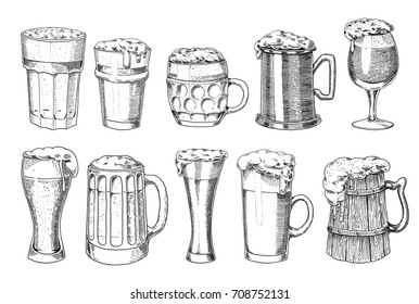 Beer glass, mug or bottle of oktoberfest. engraved in ink hand drawn in old sketch and vintage style for web, invitation to party or pub menu. design element isolated on white background.