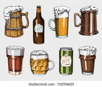 Beer glass, mug or bottle of oktoberfest. engraved in ink hand drawn in old sketch and vintage style for web, invitation to party or pub menu. design element isolated on white background.