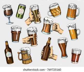 Beer glass, mug or bottle of oktoberfest. engraved in ink hand drawn in old sketch and vintage style for web, invitation to party or pub menu. design element isolated on white background.