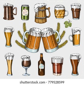 Beer glass, mug or bottle of oktoberfest. engraved in ink hand drawn in old sketch and vintage style for web, invitation to party or pub menu. design element isolated on white background.