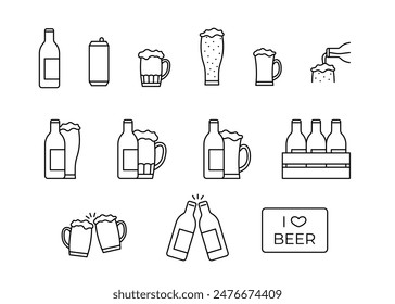 Beer in glass mug and bottle, pint alcohol with foam, line icon set. Cold relax alcoholic drink on holiday, clink glass in bar. Minimal simple design. Vector sign