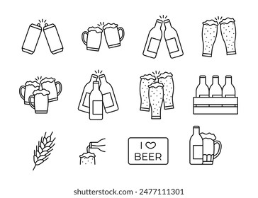 Beer in glass mug and bottle, pint alcohol with foam, line icon set. Cold relax alcoholic drink on holiday, clink glass in bar. Minimal simple design. Vector sign