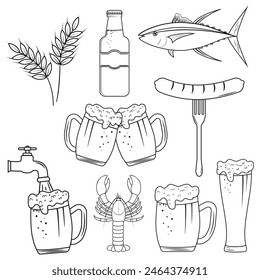 Beer glass, mug, bottle, snacks, wheat, fish, crayfish. Great for bar, pub, menu, oktoberfest. Black outline