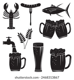 Beer glass, mug, bottle, snacks, wheat, fish, crayfish. Great for bar, pub, menu, oktoberfest. Black outline