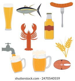 Beer glass, mug, bottle, snacks, wheat, fish, crayfish. Great for bar, pub, menu, oktoberfest. cartoon style