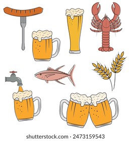 Beer glass, mug, bottle, snacks, wheat, fish, crayfish. Great for bar, pub, menu, oktoberfest. cartoon style