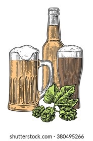 Beer glass, mug, bottle. Vector vintage engraved illustration isolated on white background. Hand drawn design element for label and poster