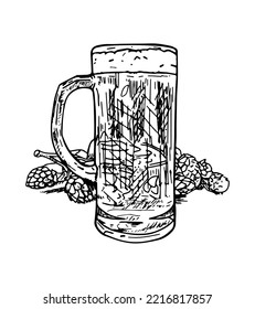 Beer glass mug with a branch of hops. Line sketch.