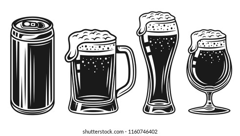 Beer glass, mug and can set of vector monochrome vintage objects isolated on white background