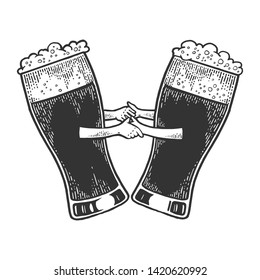 Beer glass mug cup couple in dance sketch engraving vector illustration. Scratch board style imitation. Black and white hand drawn image.