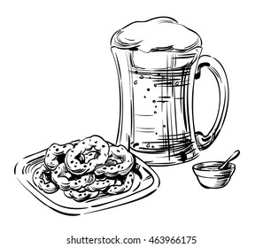 Beer in a glass mug and Deep-Fried crispy onion rings, calamari rings. Hand drawing graphic strokes,  lines image for Oktoberfest or menu the restaurant, pub, bistro, snack bar, isolated vector sketch