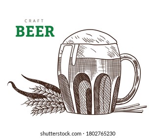 Vidrio o jarra de cerveza con orejas de trigo. Partida de cerveza artesanal, ilustración vintage de grabado vectorial. Diseño de banderas dibujadas a mano