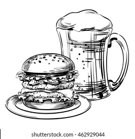 Beer in a glass mug and fast food, hamburger or sandwich. Hand drawing graphic strokes and lines image for Oktoberfest or menu the restaurant, pub, bistro, snack bar, isolated vector outline sketch