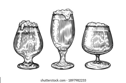 Beer glass and mug in hand drawn style. Pub concept isolated on white