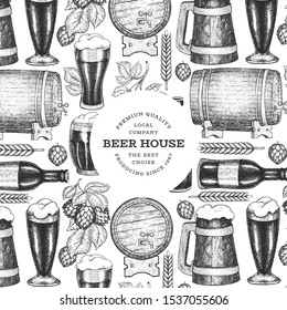 Beer glass mug and hop design template. Hand drawn vector pub beverage illustration. Engraved style. Retro brewery illustration.