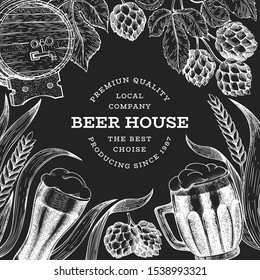 Beer glass mug and hop design template. Hand drawn vector pub beverage illustration on chalk board. Engraved style. Vintage brewery illustration.