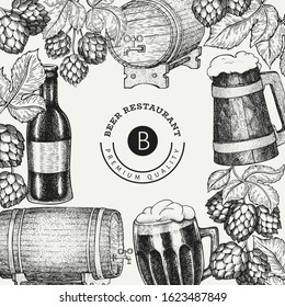 Beer glass mug and hop design template. Hand drawn vector pub beverage illustration. Engraved style. Vintage brewery illustration.