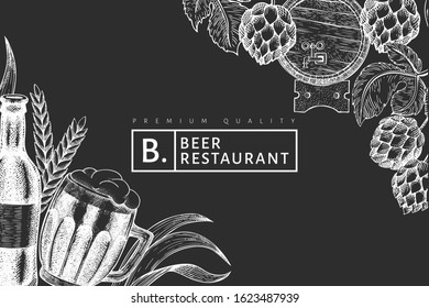 Beer glass mug and hop design template. Hand drawn vector pub beverage illustration on chalk board. Engraved style. Vintage brewery illustration.