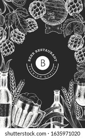 Beer glass mug and hop design template. Hand drawn vector pub beverage illustration on chalk board. Engraved style. Vintage brewery illustration.