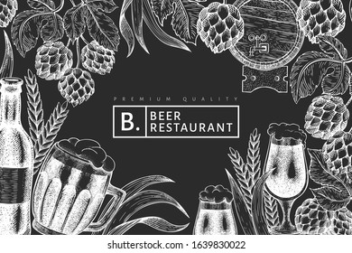 Beer glass mug and hop design template. Hand drawn vector pub beverage illustration on chalk board. Engraved style. Vintage brewery illustration.