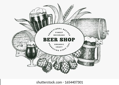 Beer glass mug and hop design template. Hand drawn vector pub beverage illustration. Engraved style. Vintage brewery illustration.