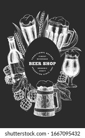Beer glass mug and hop design template. Hand drawn vector pub beverage illustration on chalk board. Engraved style. Vintage brewery illustration.
