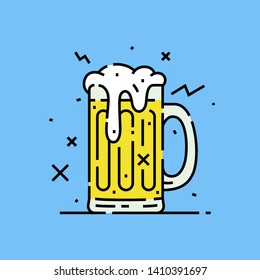 Beer glass mug icon. Cold cartoon pint lager with foam froth graphic isolated on blue background. Vector illustration.