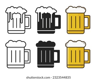 Juego de iconos de vidrio o de taza de cerveza. Pictograma vectorial de vidrio lager de alcohol simple, de color negro y amarillo.