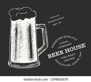 Beer glass mug illustration. Hand drawn vector pub beverage illustration on chalk board. Engraved style. Vintage brewery illustration.