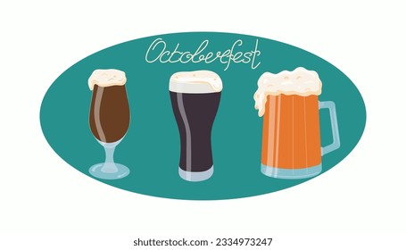    Beer in a glass, mug. The inscription, calligraphy.  Oktoberfest.  Beer Day, festival, holiday.  October. Flat design.  Vector illustration, isolated background.