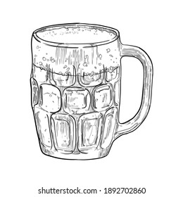 Beer in a glass mug. Isolated on white background. Hand drawn vector illustration. 