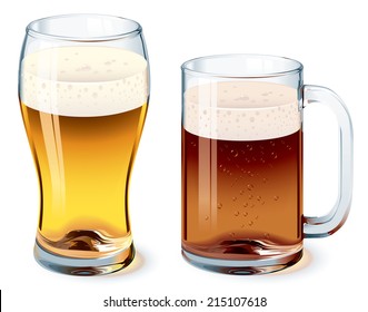 Beer glass and beer mug isolated on white Eps8. CMYK. Global colors. Gradients used Easy to change the hue of the liquid