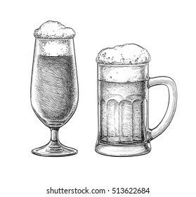 Beer glass and beer mug isolated on white background. Hand drawn vector illustration. Retro style.