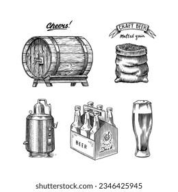 Beer glass, mug of oktoberfest. Cheers toast. Engraved in ink hand drawn in old sketch and vintage style for web, invitation to party, festival or pub menu. design element isolated on white background