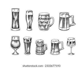 Beer glass, mug of oktoberfest. Engraved in ink hand drawn in old sketch and vintage style for web, invitation to party or pub menu. design element isolated on white background.