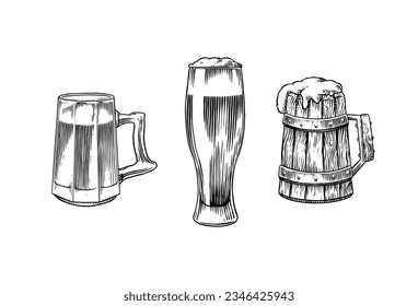 Beer glass, mug of oktoberfest. Engraved in ink hand drawn in old sketch and vintage style for web, invitation to party or pub menu. design element isolated on white background.