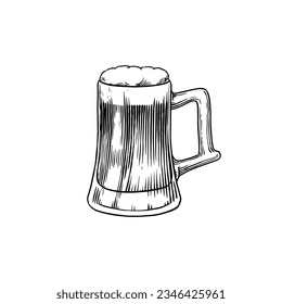 Beer glass, mug of oktoberfest. Engraved in ink hand drawn in old sketch and vintage style for web, invitation to party or pub menu. design element isolated on white background.