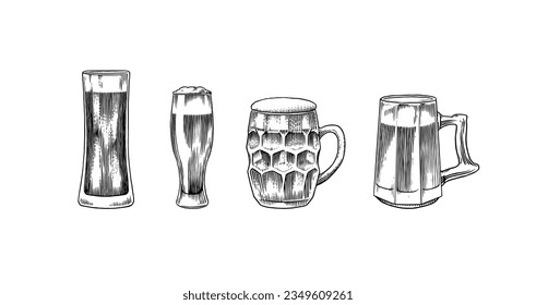 Beer glass, mug of oktoberfest. Engraved in ink hand drawn in old sketch and vintage style for web, invitation to party or pub menu. design element isolated on white background.